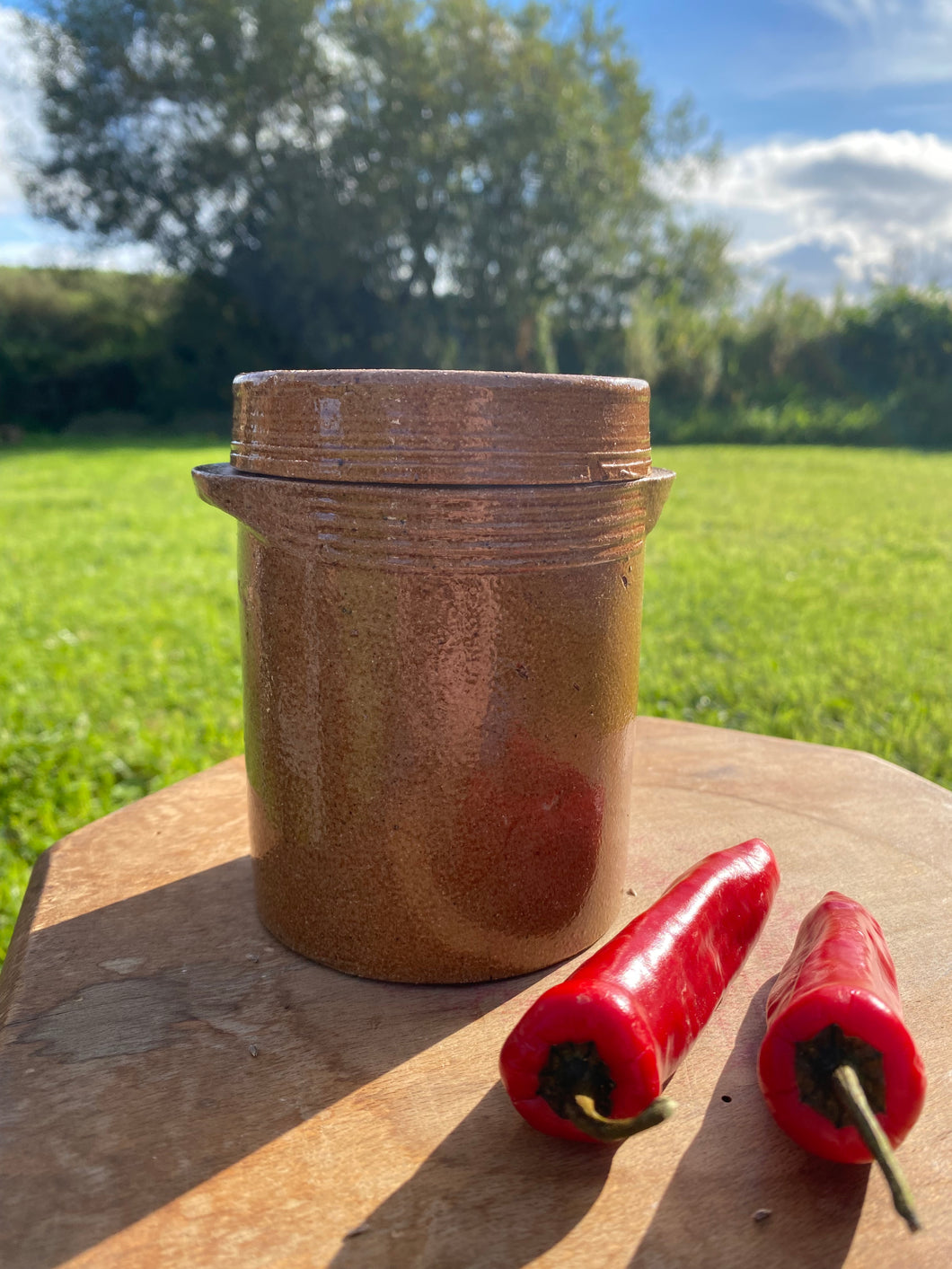 Small vintage French crock jar with lid