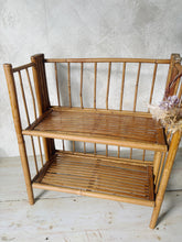 Load image into Gallery viewer, Vintage 70s bamboo cane folding two tier shelf