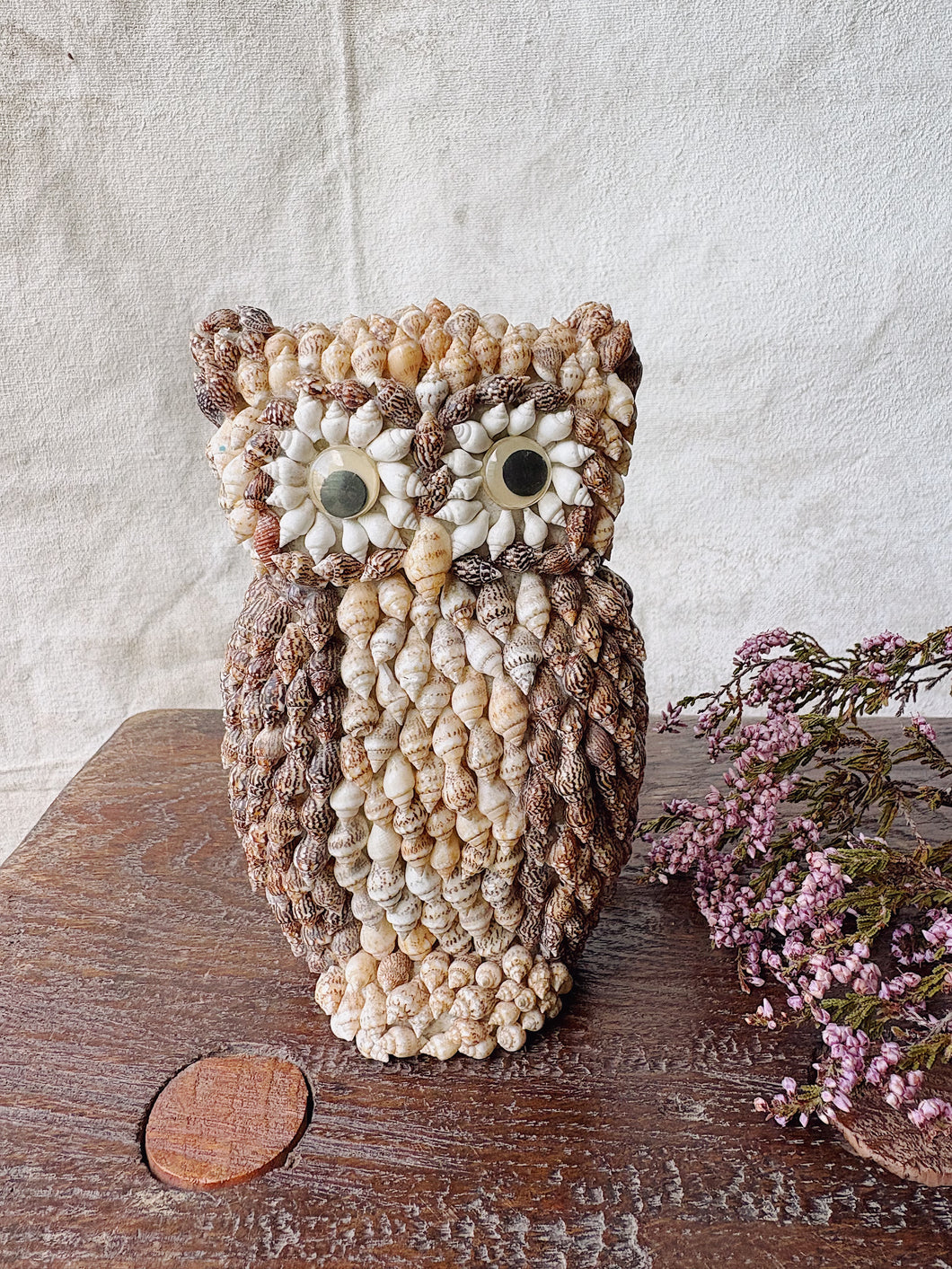 Vintage seashell owl figurine handcrafted
