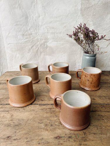 Vintage French rustic hand turned stoneware mugs - set of 6