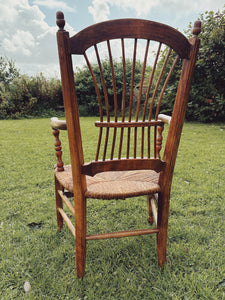 1940s fruitwood and rush seat armchair