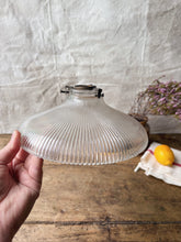 Load image into Gallery viewer, Mid Century Holophane glass pendant light shade with original brass gallery