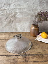 Load image into Gallery viewer, Mid Century Holophane glass pendant light shade with original brass gallery