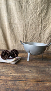 Vintage French aluminium colander strainer on legs