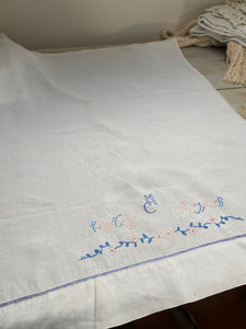 Vintage French Hand embroidered linen crib sheet