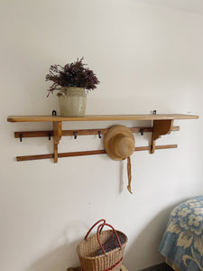 Vintage French pine farmhouse shelf with hook