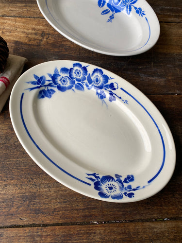 Vintage French serving dishes with blue floral pattern