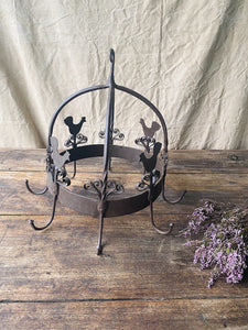 Antique hand forged iron hanging pan rack