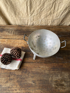 Vintage French aluminium colander strainer on legs