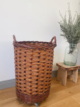 Load image into Gallery viewer, Vintage French bakery tall wicker basket on wheels