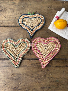 Vintage 1970s heart shaped straw trivets - set of 3