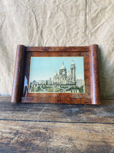 Vintage souvenir Paris Sacré Coeur postcard wooden serving tray