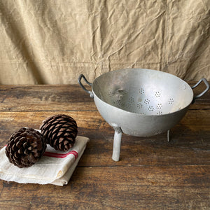 Vintage French aluminium colander strainer on legs