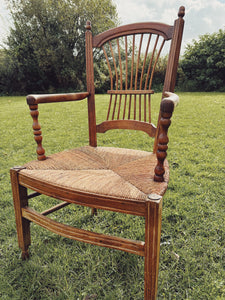 1940s fruitwood and rush seat armchair