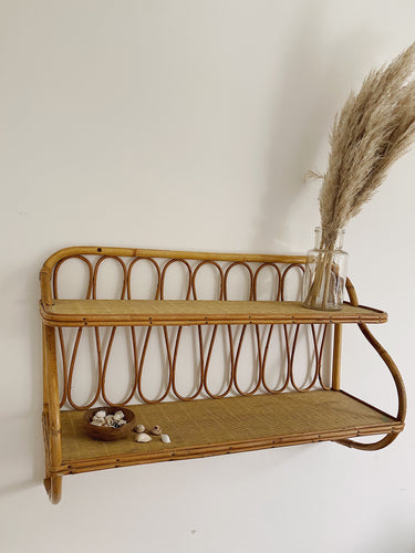 Vintage French 1970s Boho Bamboo Rattan wall shelf