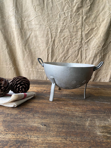 Vintage French aluminium colander strainer on legs