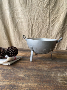 Vintage French aluminium colander strainer on legs