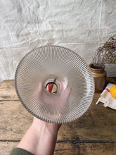 Load image into Gallery viewer, Mid Century Holophane glass pendant light shade with original brass gallery