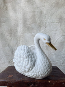 Vintage white ceramic Swan planter with gold accents