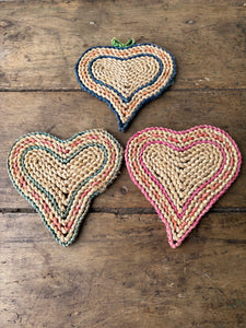 Vintage 1970s heart shaped straw trivets - set of 3