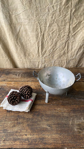 Vintage French aluminium colander strainer on legs