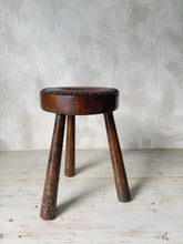Load image into Gallery viewer, French 70s leather and wood studded tripod stool