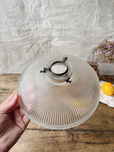 Load image into Gallery viewer, Mid Century Holophane glass pendant light shade with original brass gallery
