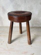 Load image into Gallery viewer, French 70s leather and wood studded tripod stool
