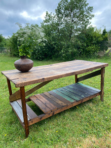 Antique industrial primitive workbench table