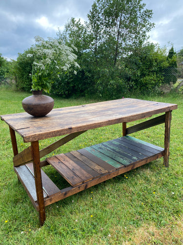 Antique industrial primitive workbench table